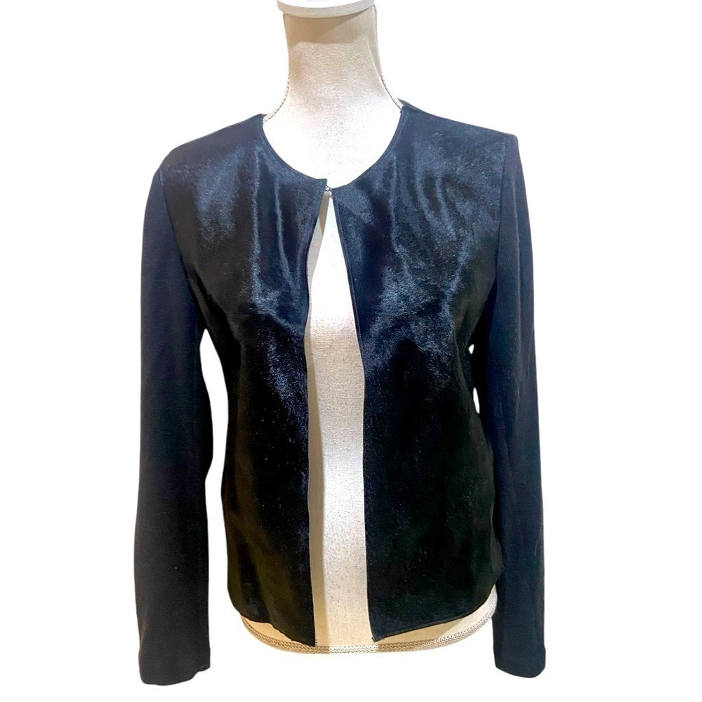 Majestic Filatures Black Open Front Jacket Leather Cow Fur & Knit Size Small